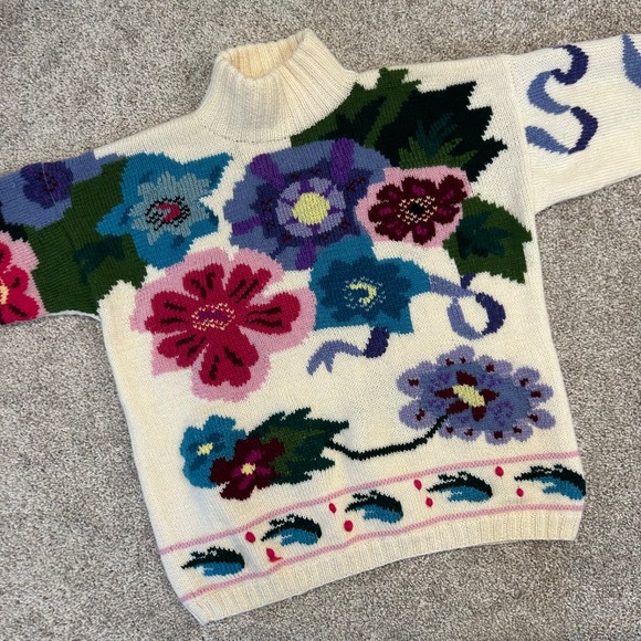 berek Sweaters - Vintage Berek 100% Pure Wool Floral Sweater High Neck Women 80s Large Handknit